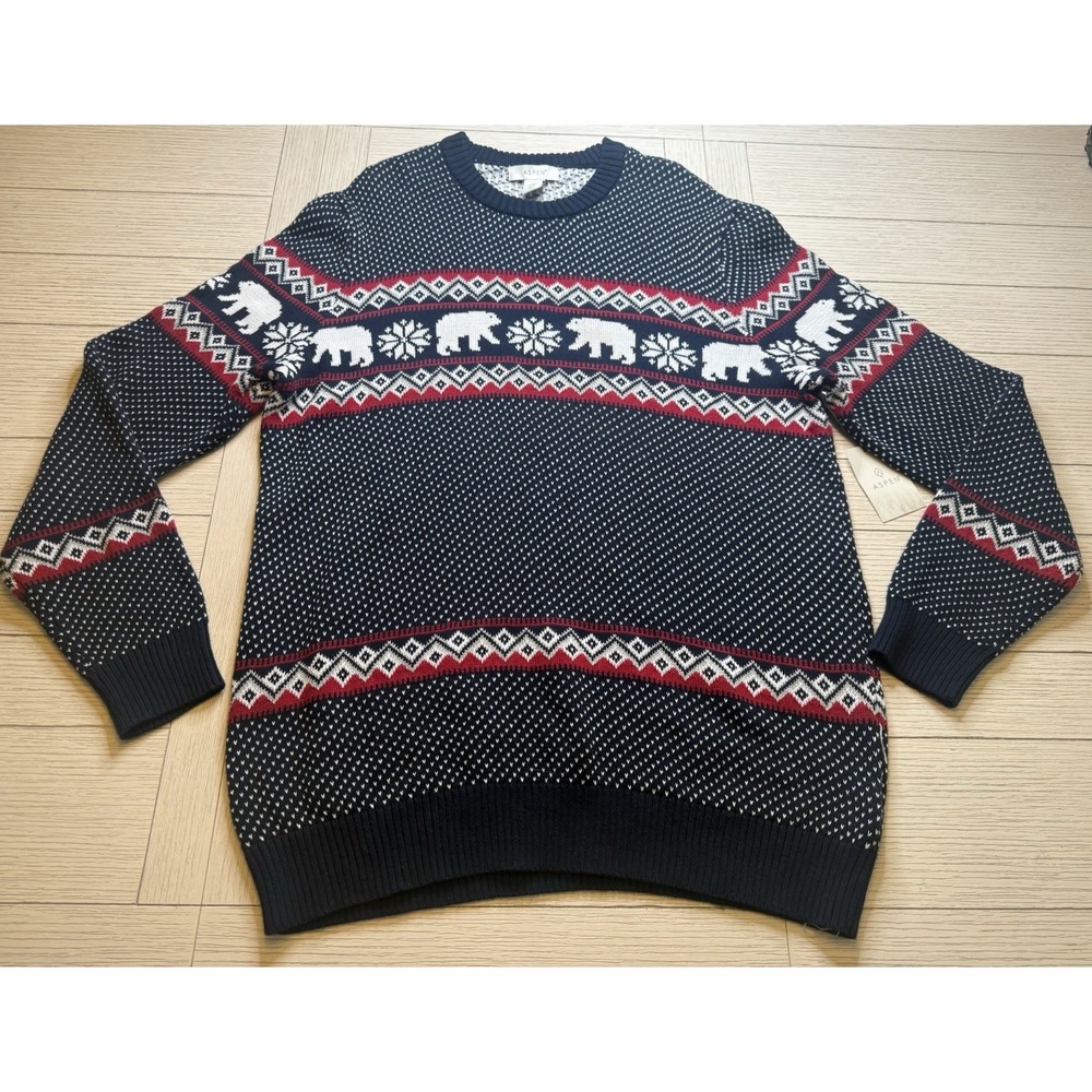 Aspen NWT 100% Cotton Men's Sweater Sz XL Navy Red Snowflake Polar‎ Bear Holiday